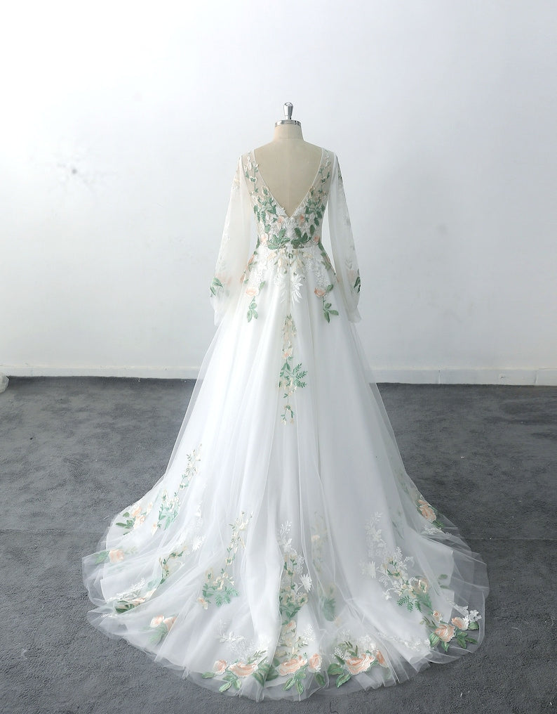 Puff Sleeve Wedding Dress Forest Fairy Green Lace Wedding Dresses