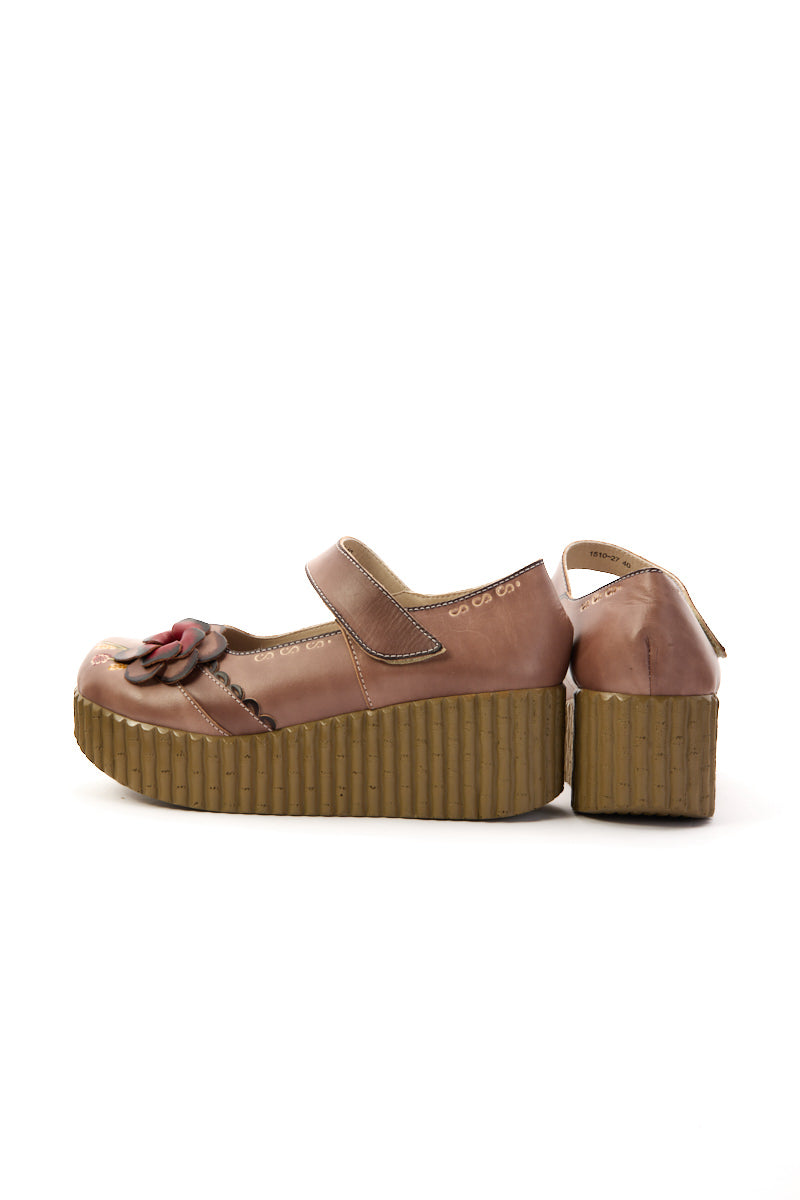 Darya Floral Leather Wedge Mary Jane - Khaki