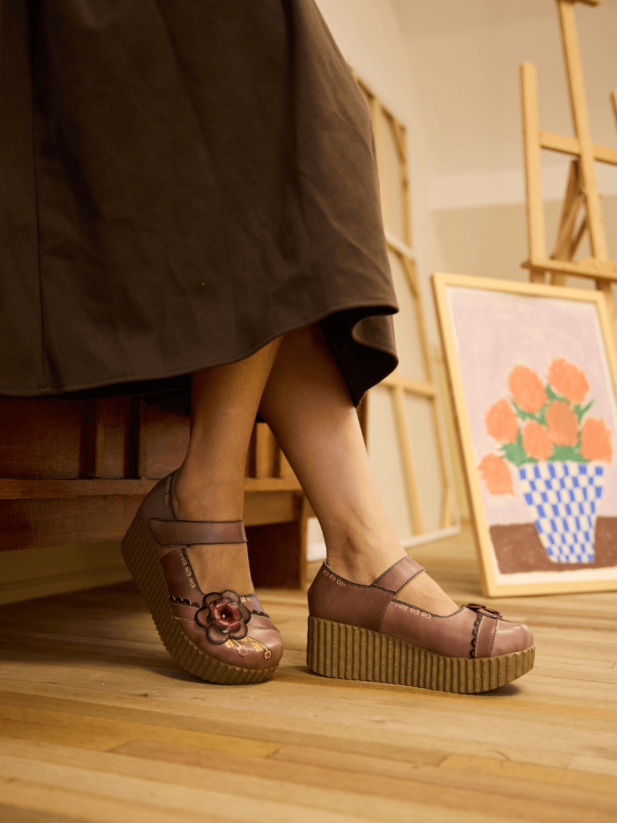 Darya Floral Leather Wedge Mary Jane - Khaki