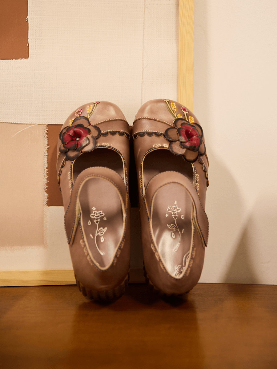 Darya Floral Leather Wedge Mary Jane - Khaki