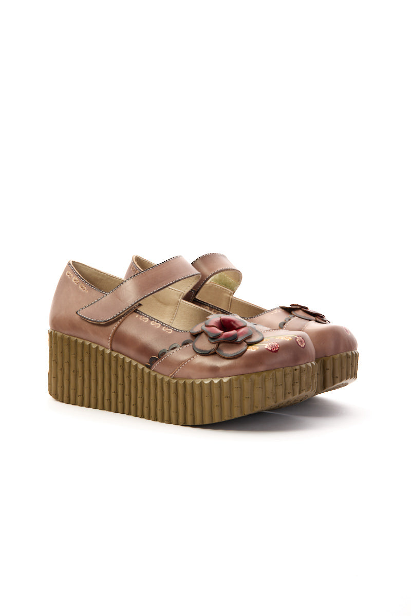 Darya Floral Leather Wedge Mary Jane - Khaki