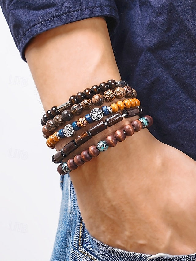 Men's Multilayer Wooden Bead Bracelet Set, Bohemian Style Handmade Jewelry for Casual and Beachwear