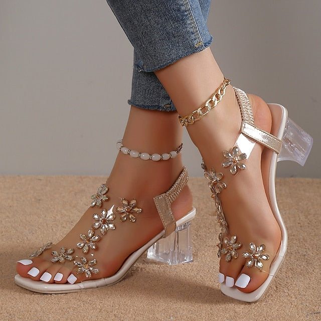 Plus Size Rhinestone Butterfly Square Toe High Heel Sandals
