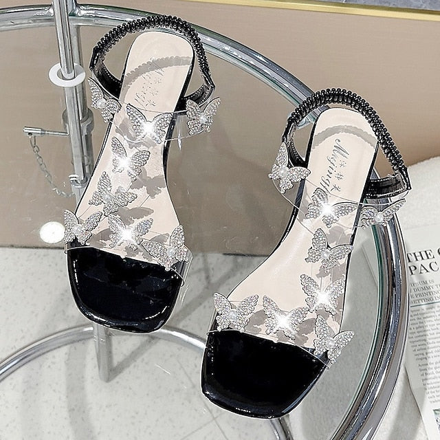 Plus Size Rhinestone Butterfly Square Toe High Heel Sandals