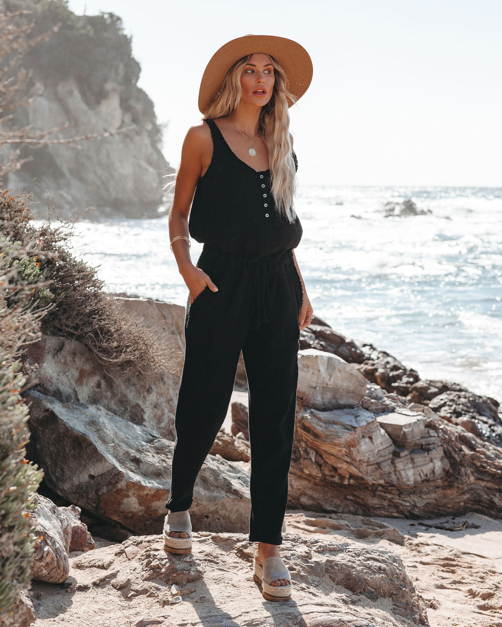 Maye Cotton Pocketed Drawstring Jumpsuit - Black