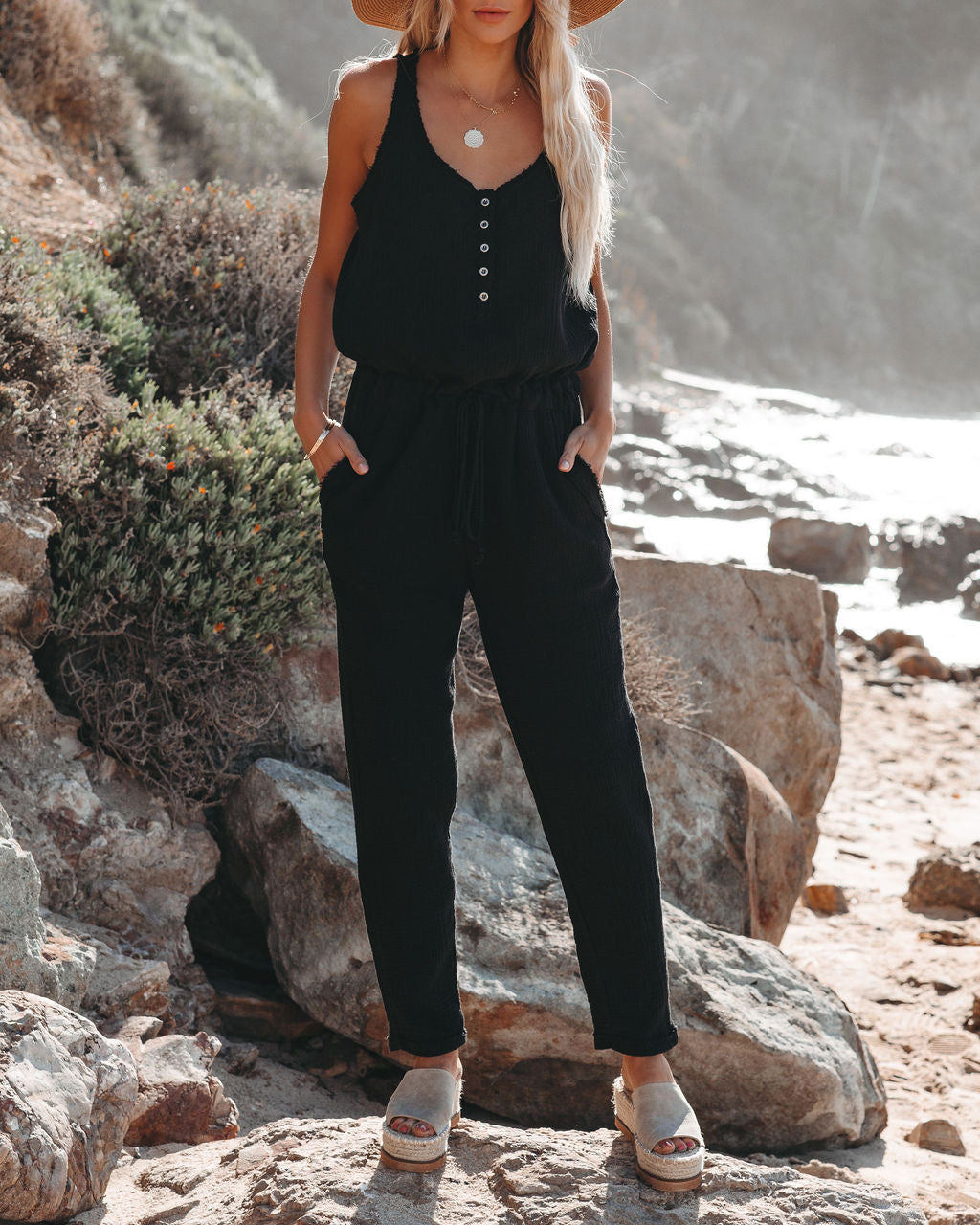 Maye Cotton Pocketed Drawstring Jumpsuit - Black