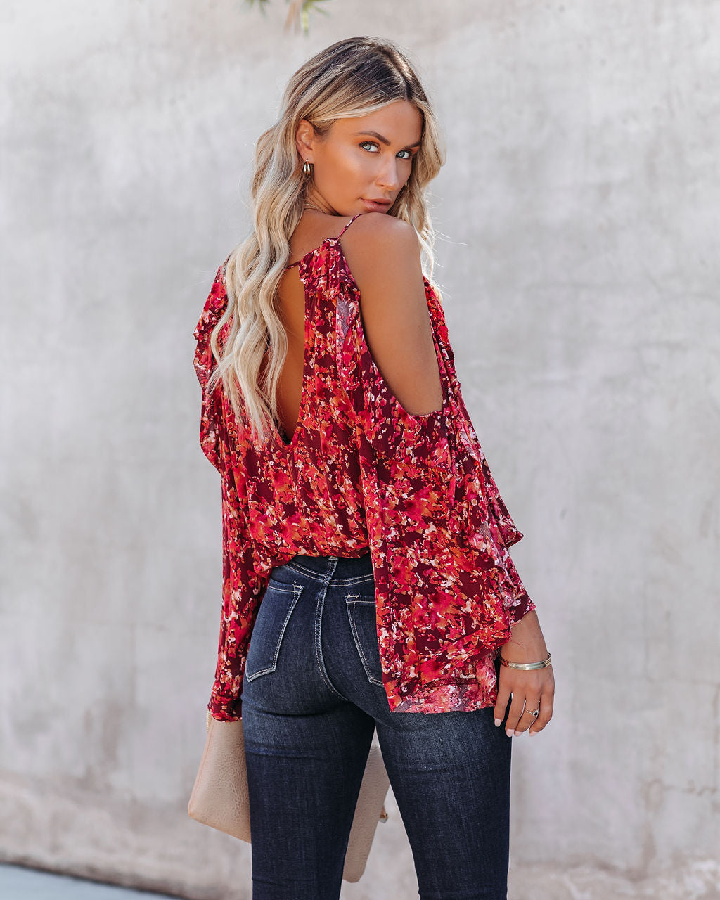 Mercury Printed Cold Shoulder Ruffle Top