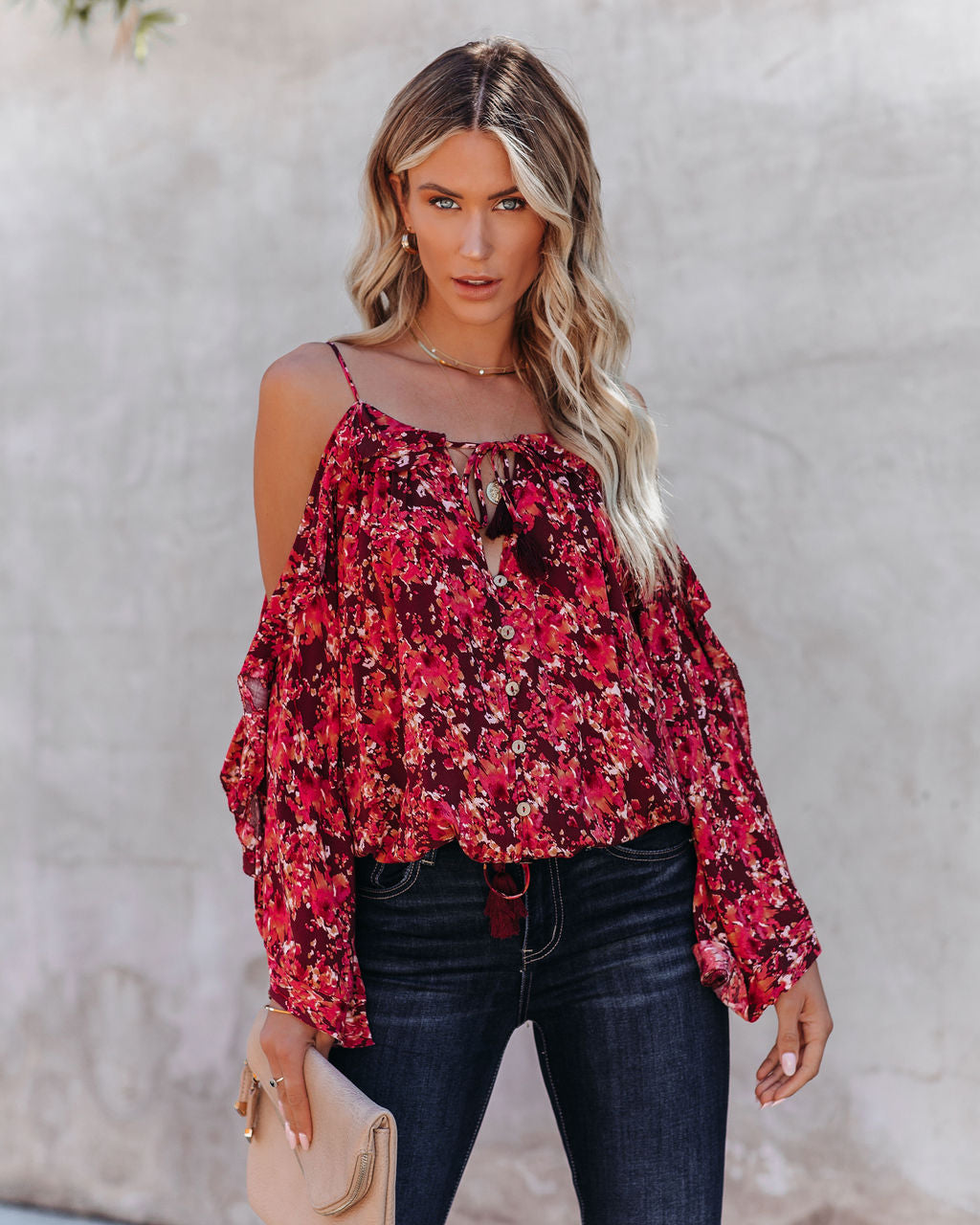 Mercury Printed Cold Shoulder Ruffle Top