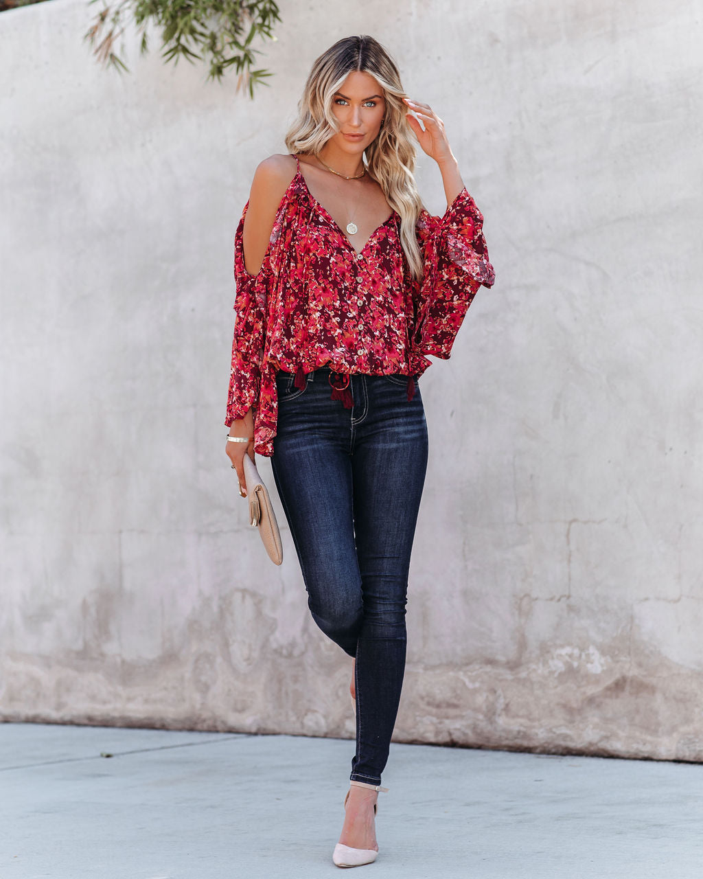 Mercury Printed Cold Shoulder Ruffle Top
