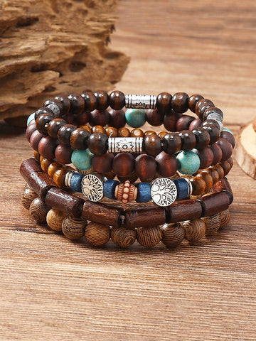 Men's Multilayer Wooden Bead Bracelet Set, Bohemian Style Handmade Jewelry for Casual and Beachwear