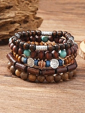 Men's Multilayer Wooden Bead Bracelet Set, Bohemian Style Handmade Jewelry for Casual and Beachwear