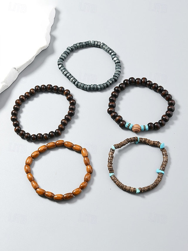 Men's Bohemian Stackable Wood Bead Bracelet Set