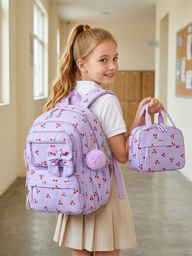 Girl's Corduroy Backpack Set, 3 Piece Cute School Backpack with Large Capacity Multi Compartments, Laptop Sleeve, Adjustable Straps, Luggage Strap, Travel College Bag for Girls, Available in Multiple