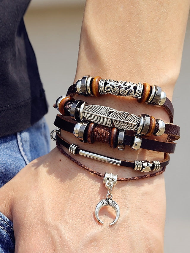 Men's Boho Multi-Layer Leather Bracelet with Feather