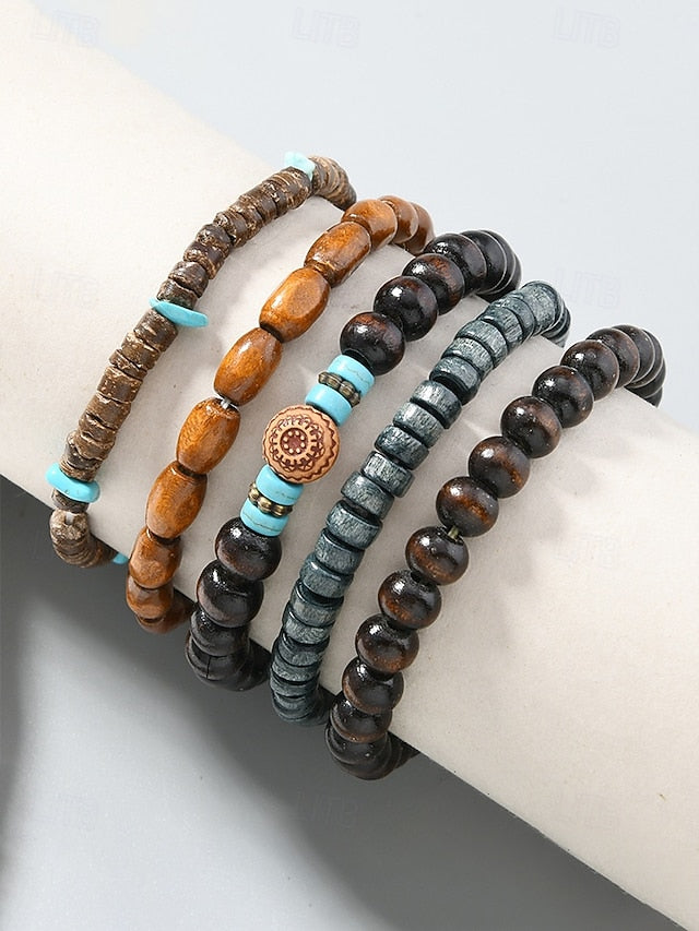 Men's Bohemian Stackable Wood Bead Bracelet Set