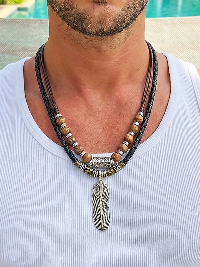 Men's Vintage Feather Pendant Necklace with Turquoise Beads