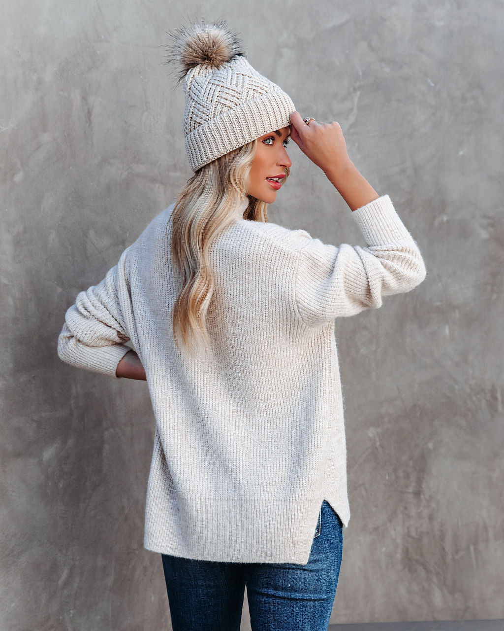 Nysha Mock Neck Knit Sweater - Beige