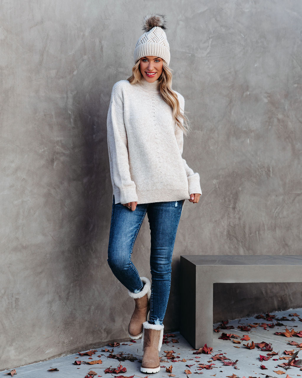 Nysha Mock Neck Knit Sweater - Beige