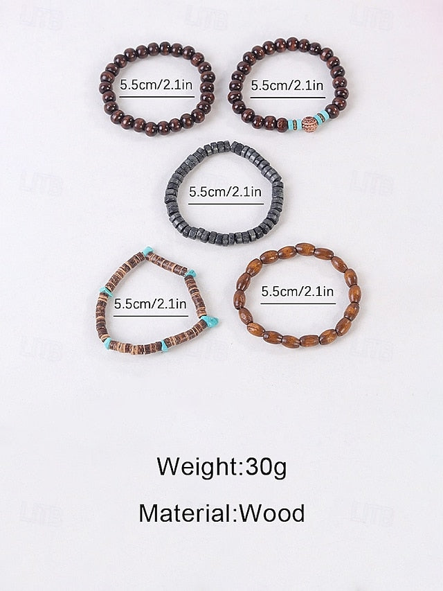 Men's Bohemian Stackable Wood Bead Bracelet Set