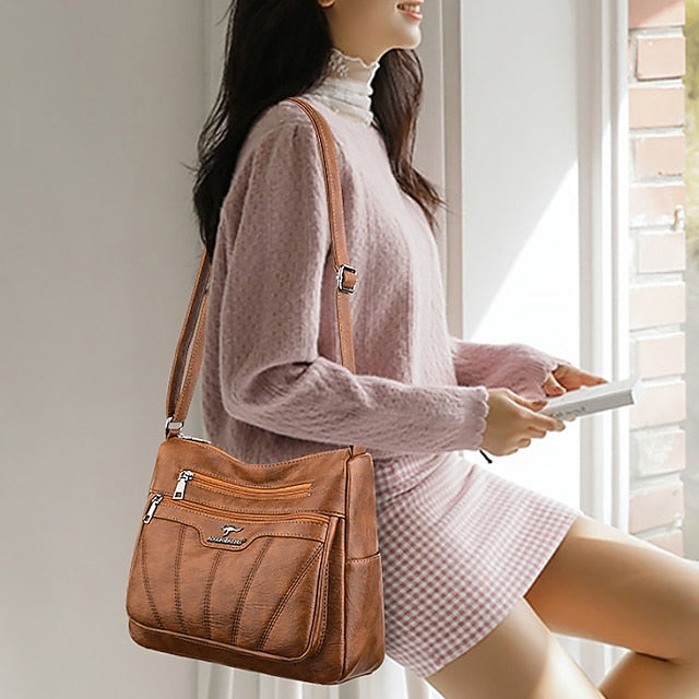 Women's Black Brown Crossbody Bag with Multiple Zippered Pockets