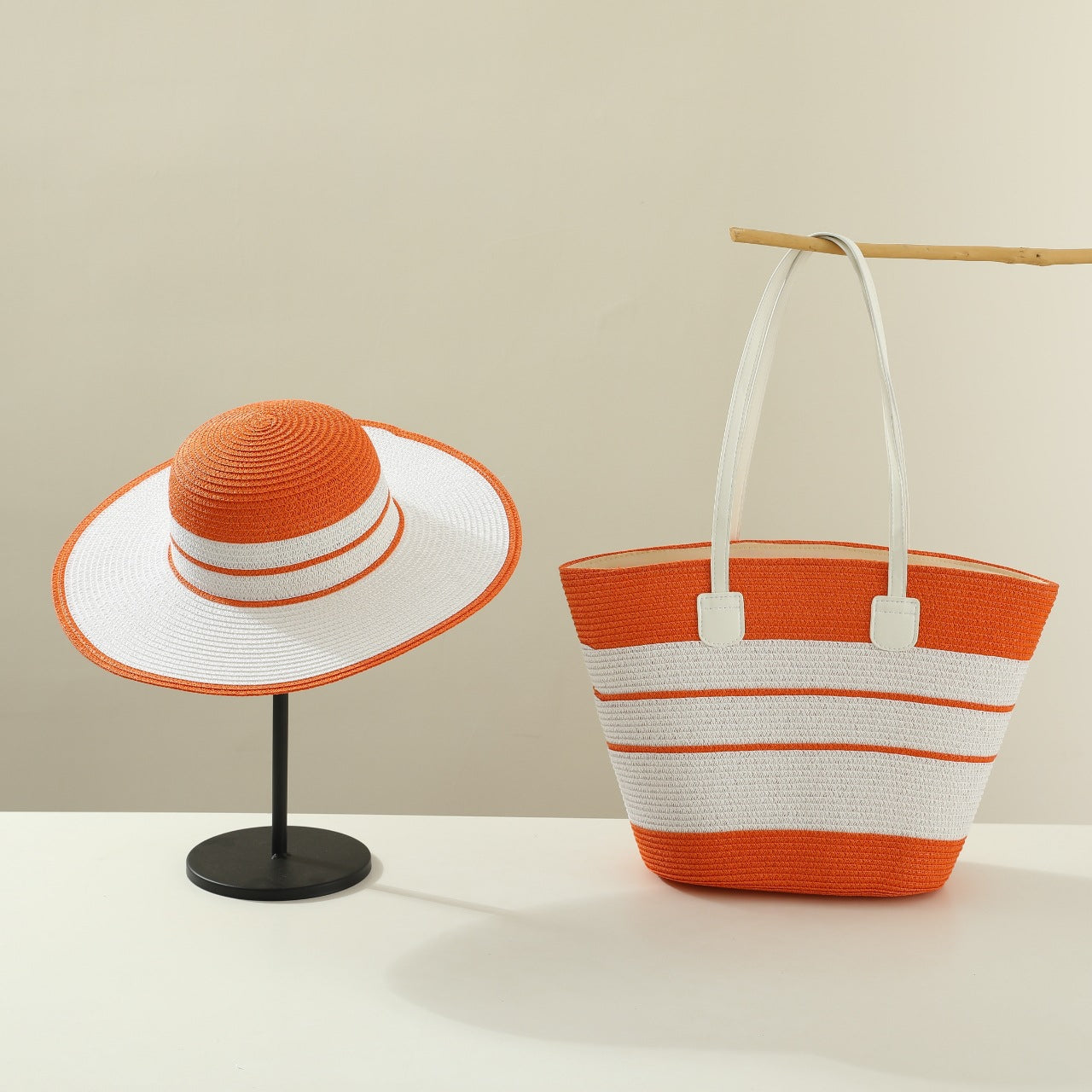 Handmade Designer Beach Straw Hat and Bag Set for Women