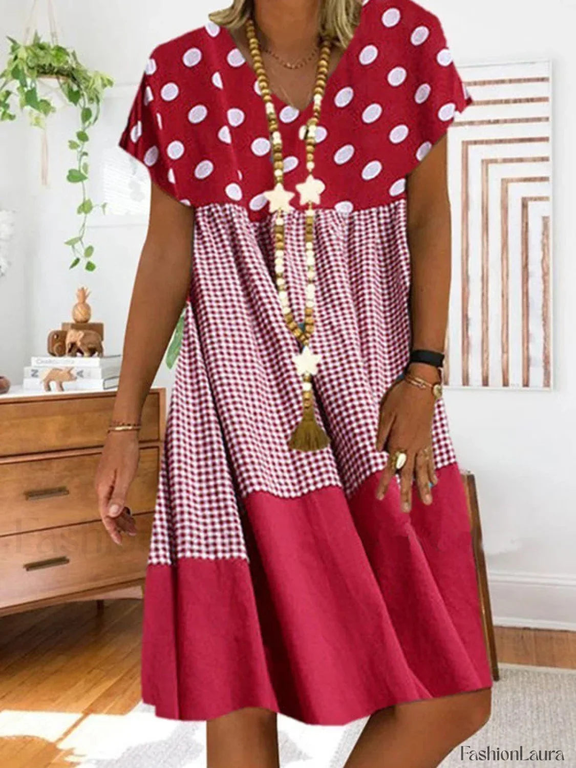 Patchwork Checkered Print Midi Dress