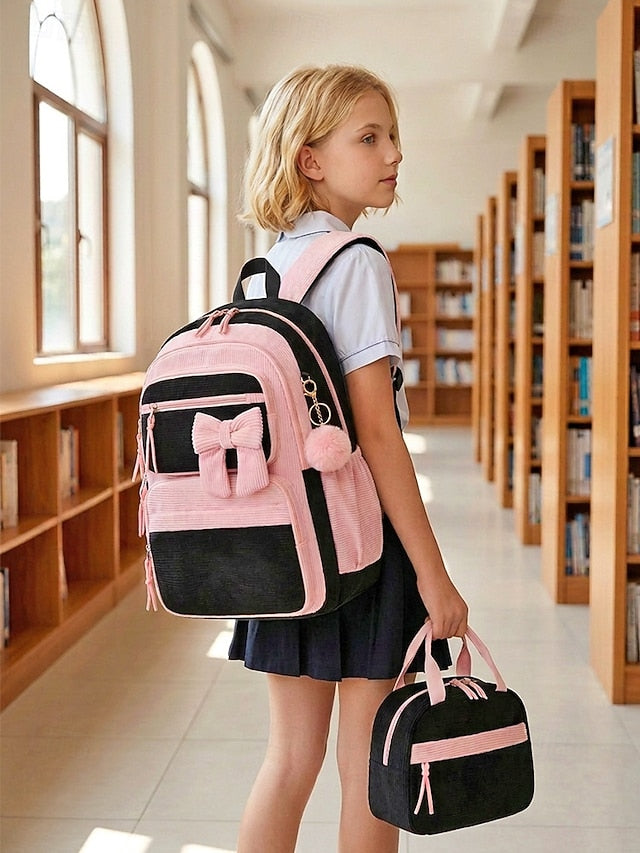 Girl's Corduroy Backpack Set, 3 Piece Cute School Backpack with Large Capacity Multi Compartments, Laptop Sleeve, Adjustable Straps, Luggage Strap, Travel College Bag for Girls, Available in Multiple