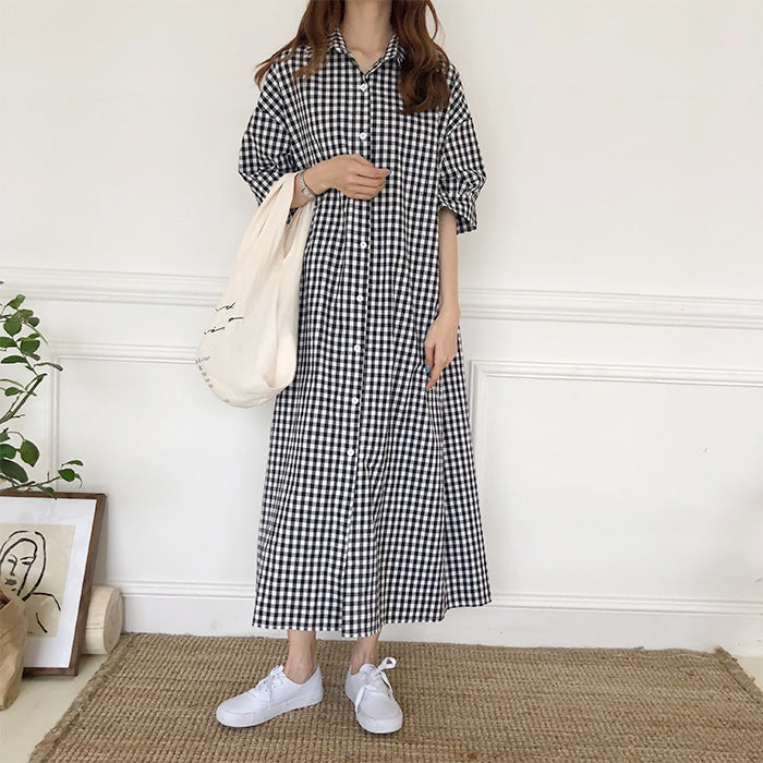 Women Plaid Plus Size Loose Half Sleeve Shirt Dress-Maxi Dresses-Free Shipping at meselling99