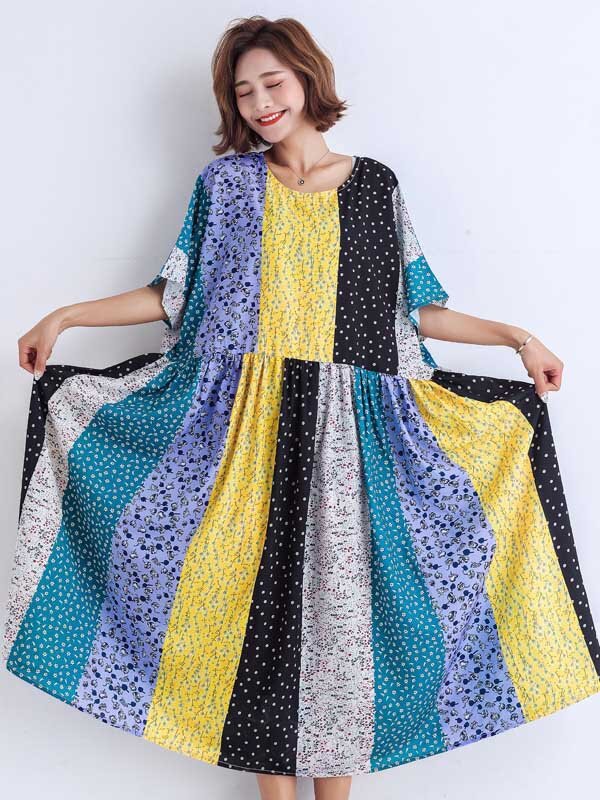 Women Print Split-Joint Round-Neck Short Sleeves Midi Dress-Maxi Dresses-The same as picture-Free Size-Free Shipping at meselling99