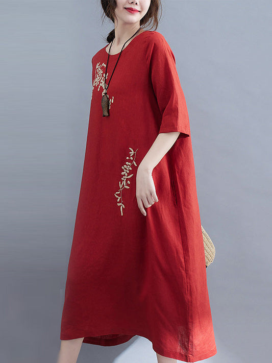 Embroidery Vintae Color Half-Sleeve Long Dress-Maxi Dresses-Free Shipping at meselling99