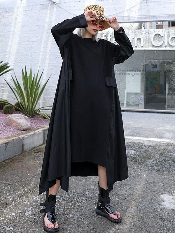 Black Loose A-line Cropped Long Sleeves Long Dress-Maxi Dresses-FREE SIZE-BLACK-Free Shipping at meselling99