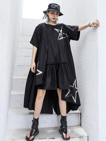 Black Oversize Asymmetric Stars Dress-Maxi Dreses-Free Size-Black-Free Shipping at meselling99