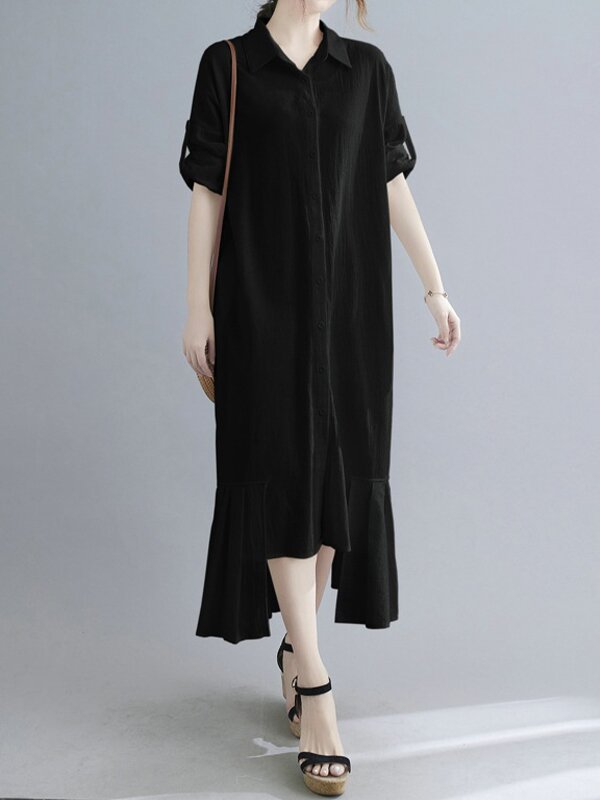 Lapel Solid Color Cotton And Linen Long Maxi Dress-Maxi Dresses-BLACK-FREE SIZE-Free Shipping at meselling99