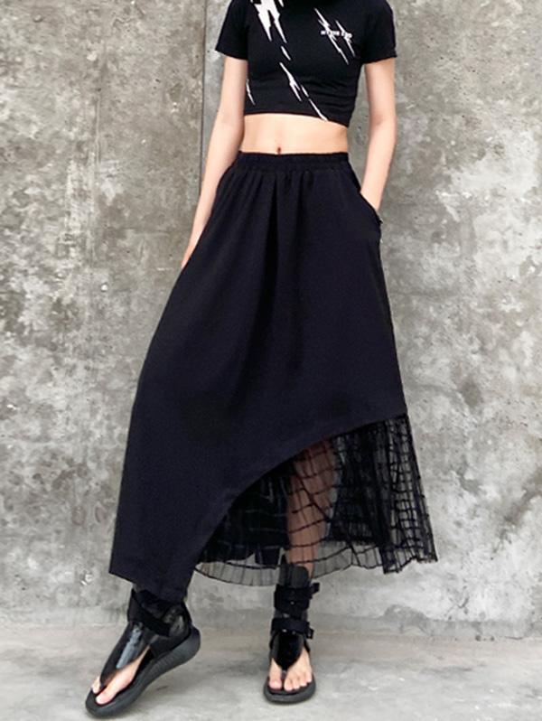 Black Casual Split-Joint Gauze A-Line Long Skirts-FREE SIZE-BLACK-Free Shipping at meselling99