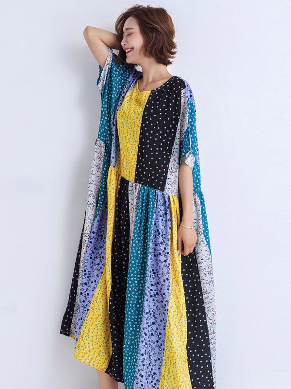 Women Print Split-Joint Round-Neck Short Sleeves Midi Dress-Maxi Dresses-The same as picture-Free Size-Free Shipping at meselling99
