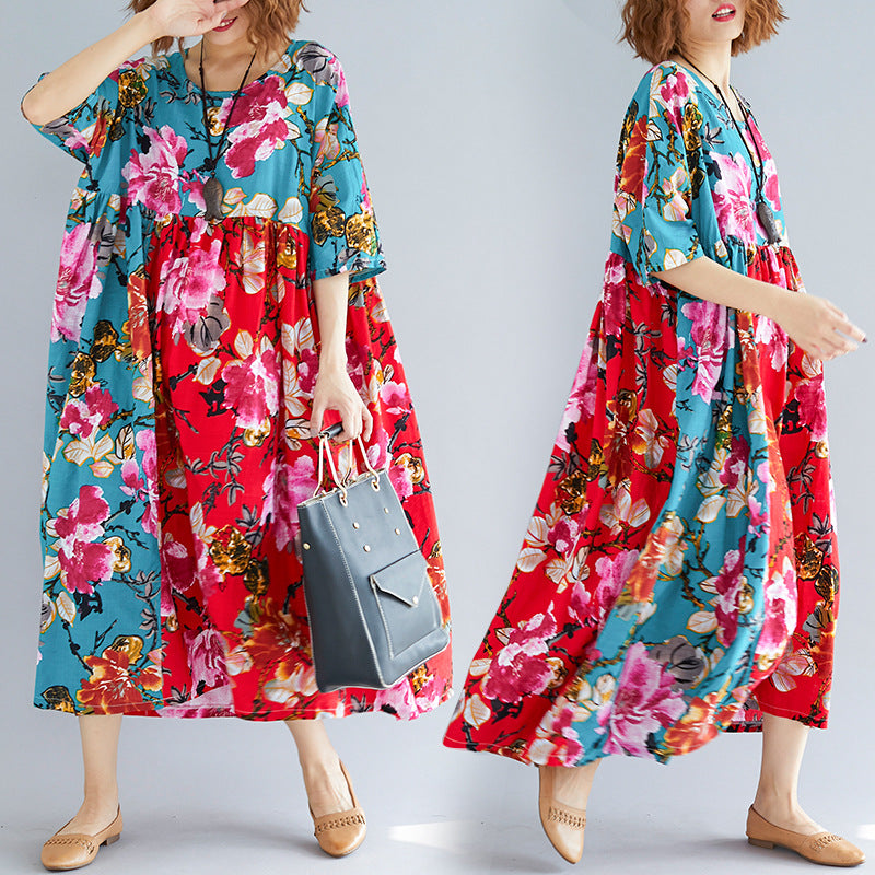 Women Ethnic Printed Plus Size Floral Print Loose Dress-Maxi Dresses-SAME AS PICTURE-FREE SIZE-Free Shipping at meselling99