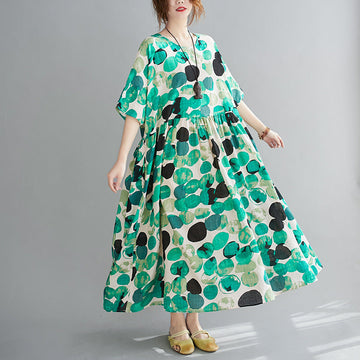 Women Cotton Round-Neck Half Sleeves Polka-Dot Maxi Dress-Maxi Dresses-GREEN-FREE SIZE-Free Shipping at meselling99