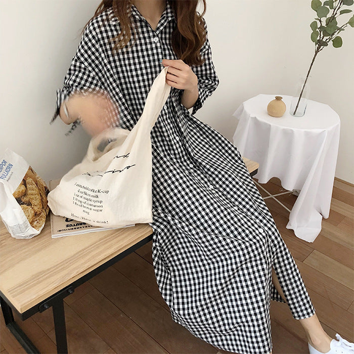 Women Plaid Plus Size Loose Half Sleeve Shirt Dress-Maxi Dresses-Free Shipping at meselling99