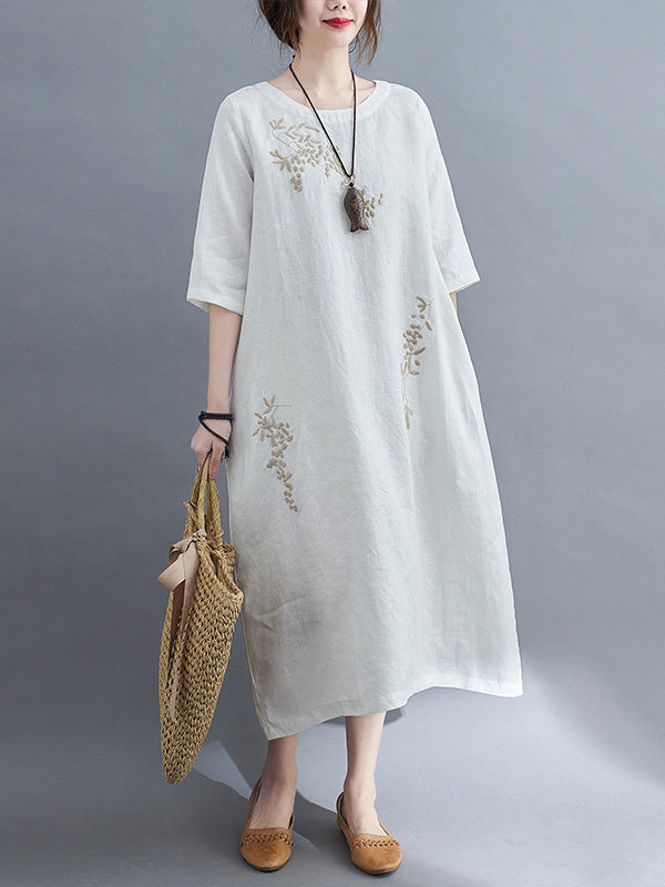 Embroidery Vintae Color Half-Sleeve Long Dress-Maxi Dresses-Free Shipping at meselling99
