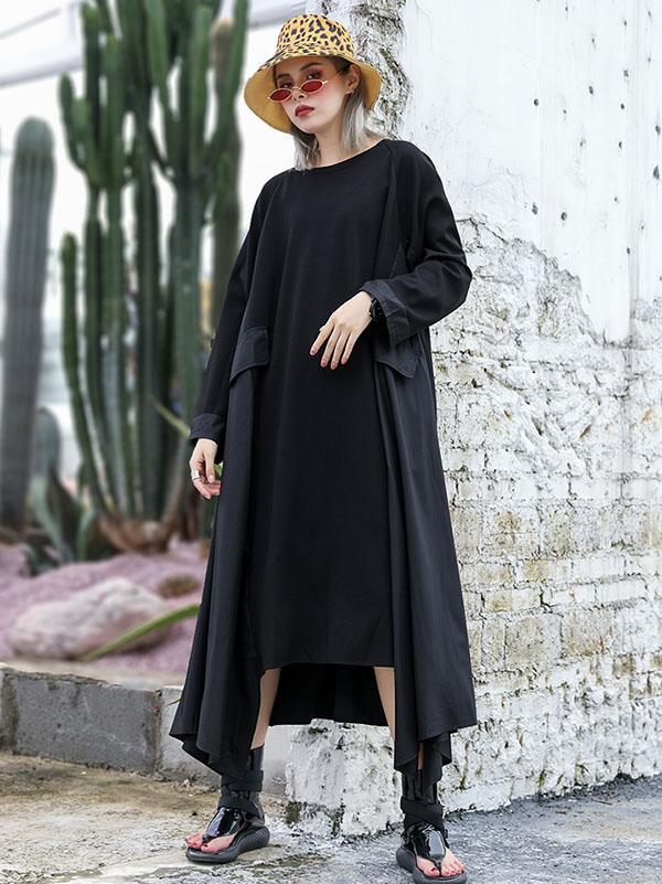 Black Loose A-line Cropped Long Sleeves Long Dress-Maxi Dresses-FREE SIZE-BLACK-Free Shipping at meselling99