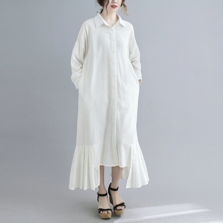 Lapel Solid Color Cotton And Linen Long Maxi Dress-Maxi Dresses-Free Shipping at meselling99
