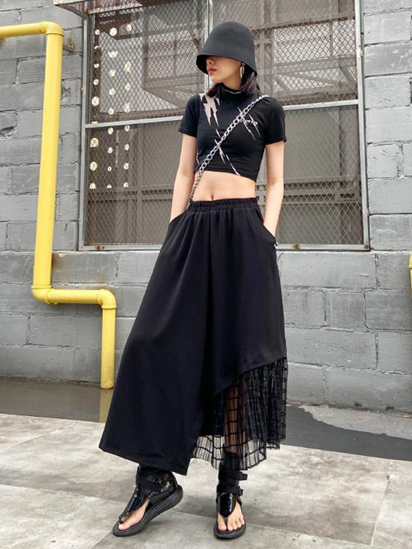 Black Casual Split-Joint Gauze A-Line Long Skirts-FREE SIZE-BLACK-Free Shipping at meselling99
