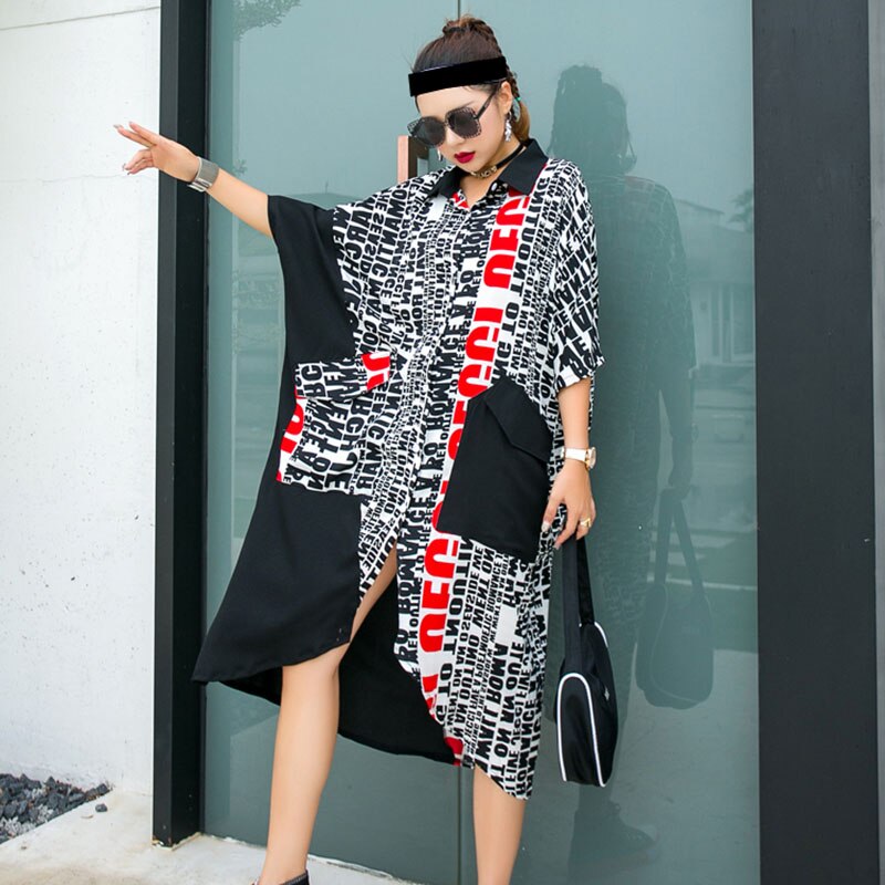 Plus Size Irregular Fashion Women Pocket Elegant Casual Letter Print Dress-Maxi Dresses-The same as picture-Free Size-Free Shipping at meselling99