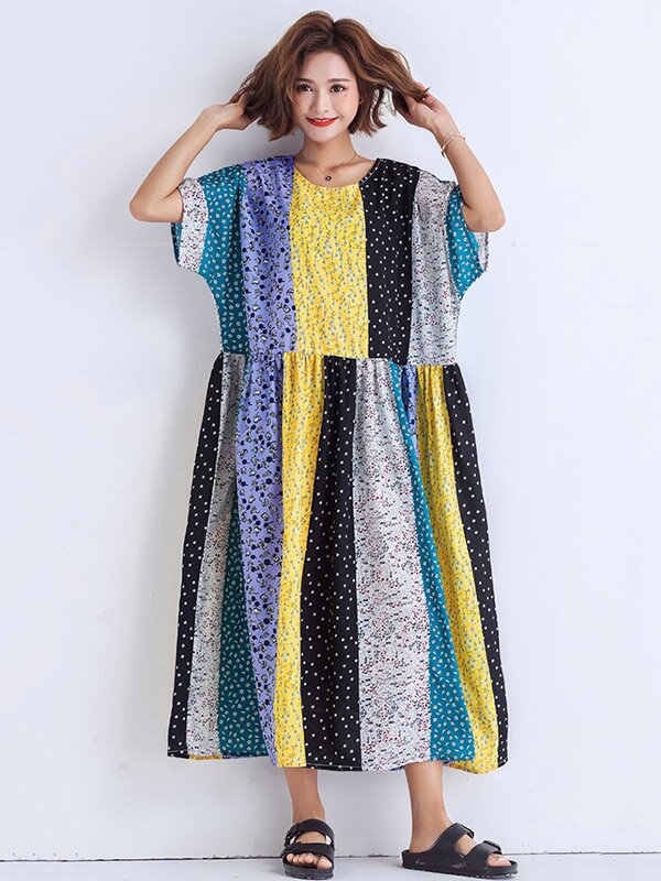 Women Print Split-Joint Round-Neck Short Sleeves Midi Dress-Maxi Dresses-The same as picture-Free Size-Free Shipping at meselling99