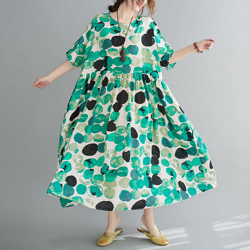 Women Cotton Round-Neck Half Sleeves Polka-Dot Maxi Dress-Maxi Dresses-GREEN-FREE SIZE-Free Shipping at meselling99