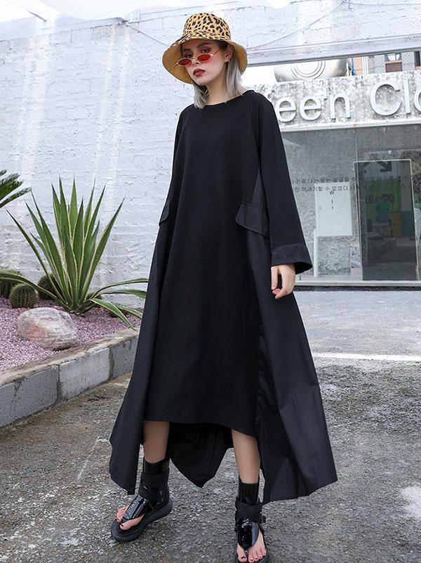 Black Loose A-line Cropped Long Sleeves Long Dress-Maxi Dresses-FREE SIZE-BLACK-Free Shipping at meselling99