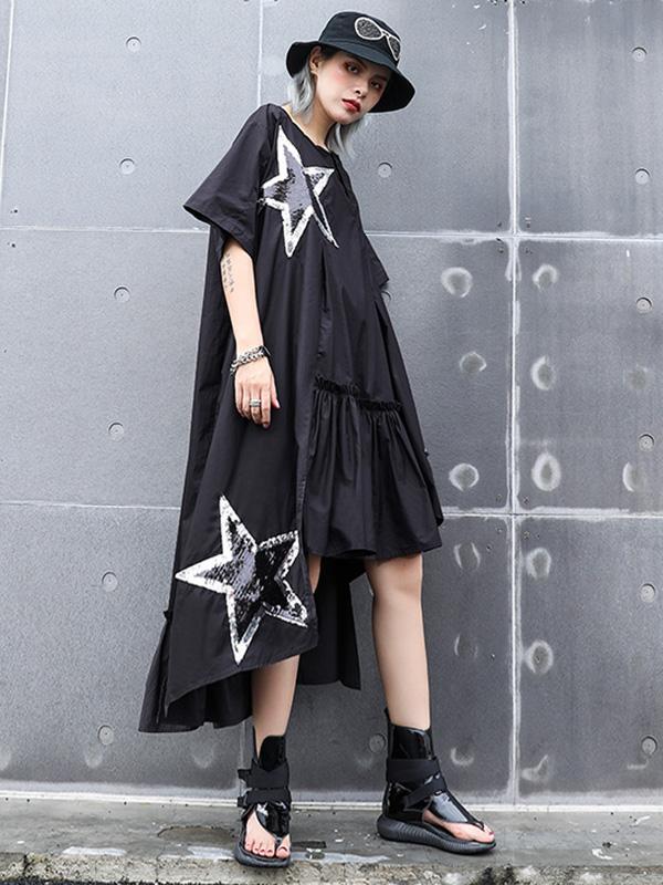 Black Oversize Asymmetric Stars Dress-Maxi Dreses-Free Size-Black-Free Shipping at meselling99