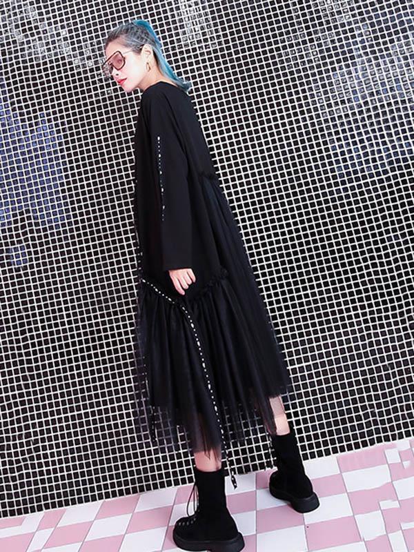 Black Loose Rivet Gauze Splicing Dress-Maxi Dresses-Free Size-Black-Free Shipping at meselling99