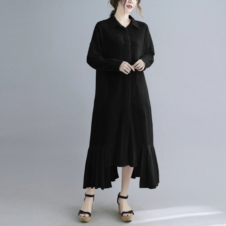 Lapel Solid Color Cotton And Linen Long Maxi Dress-Maxi Dresses-Free Shipping at meselling99