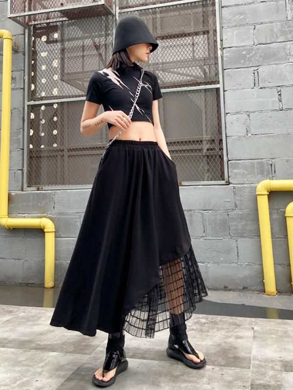 Black Casual Split-Joint Gauze A-Line Long Skirts-FREE SIZE-BLACK-Free Shipping at meselling99